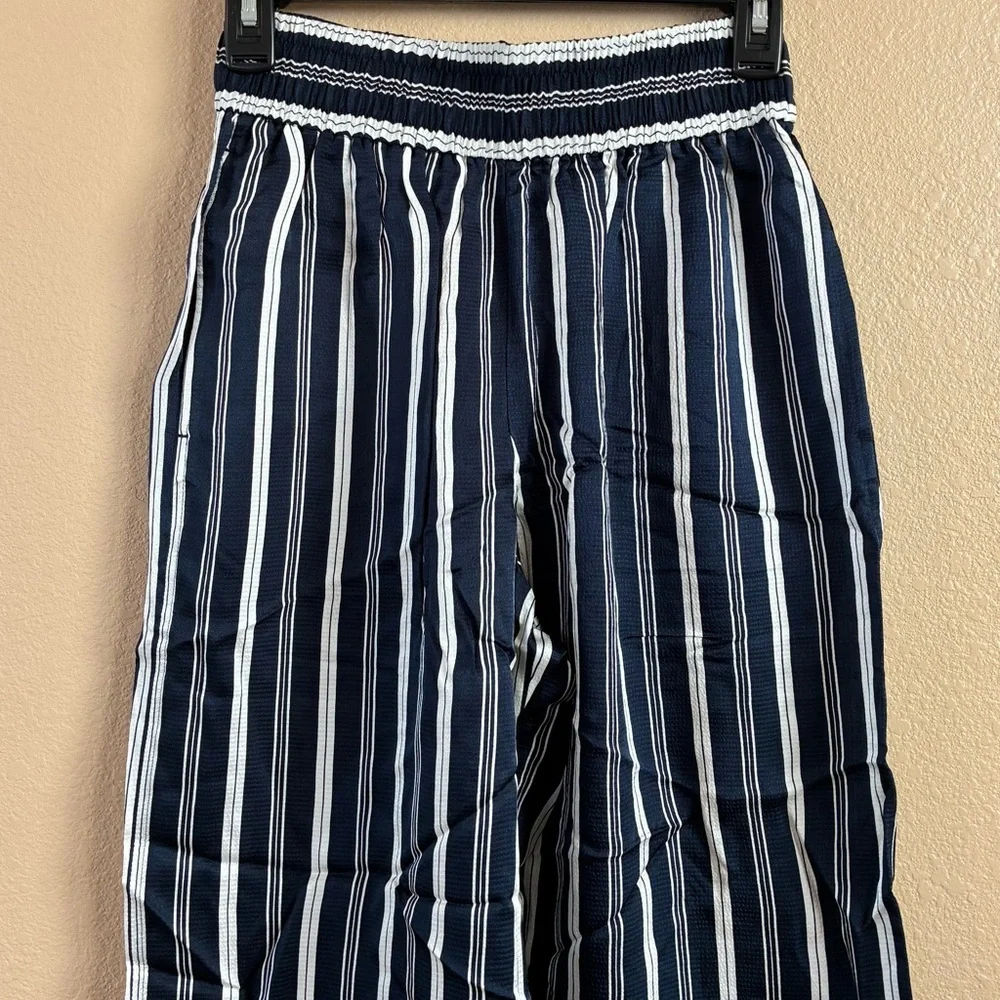 Everlane New Size XS Viscose Satin Wide Leg Pull On Pant‎ Blue White Stripes